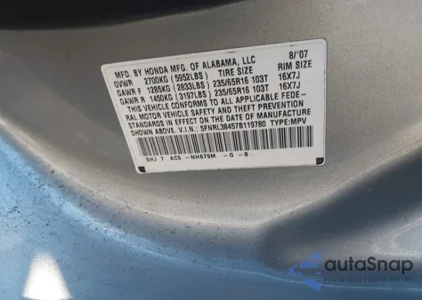 2007 Honda Odyssey Ex from USA, damaged, VIN 5FNRL38457B119780